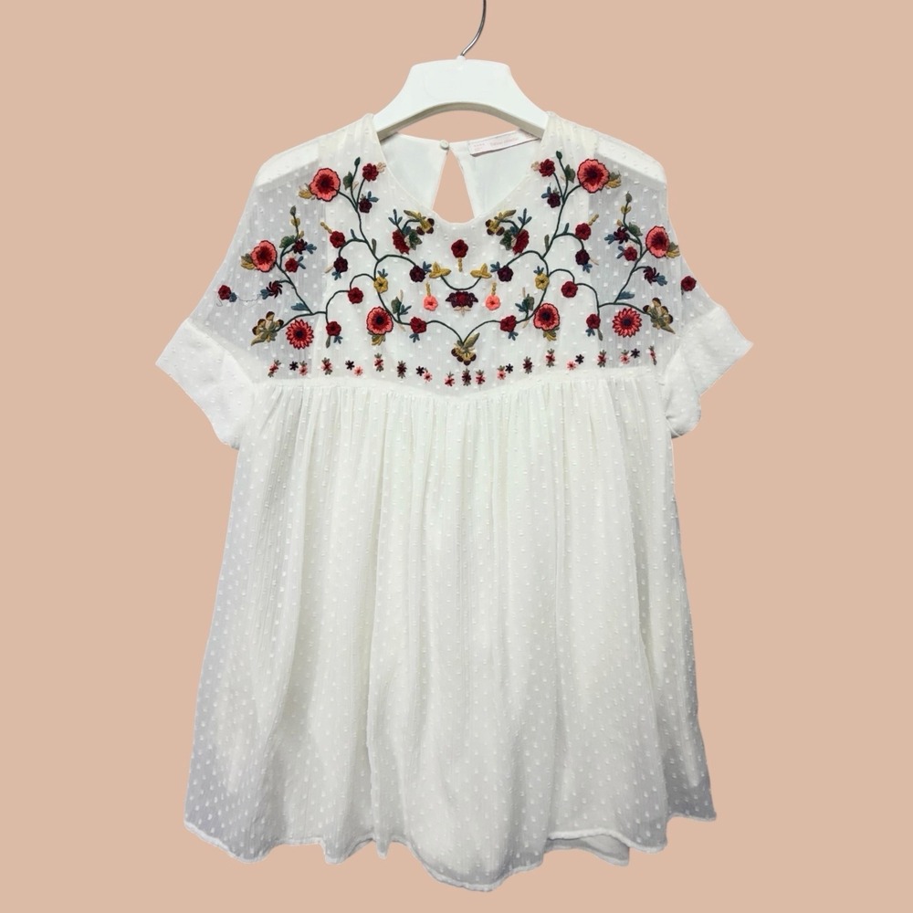 Zara Trafaluc Embroidered Romper XS White Swiss Dot Floral Boho Playsuit